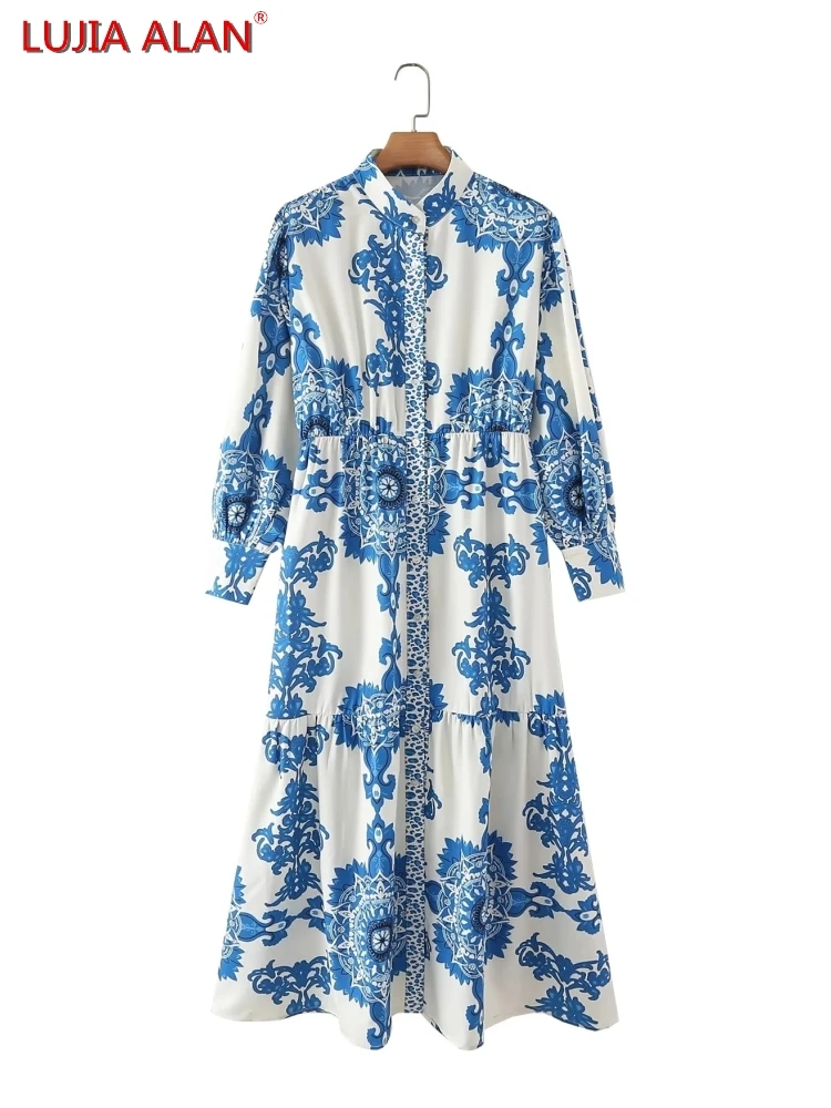 

Hot Sale New Women's Vintage Printing Single Breasted Long Sleeve Casual Loose Midi Dress LUJIA ALAN WD803