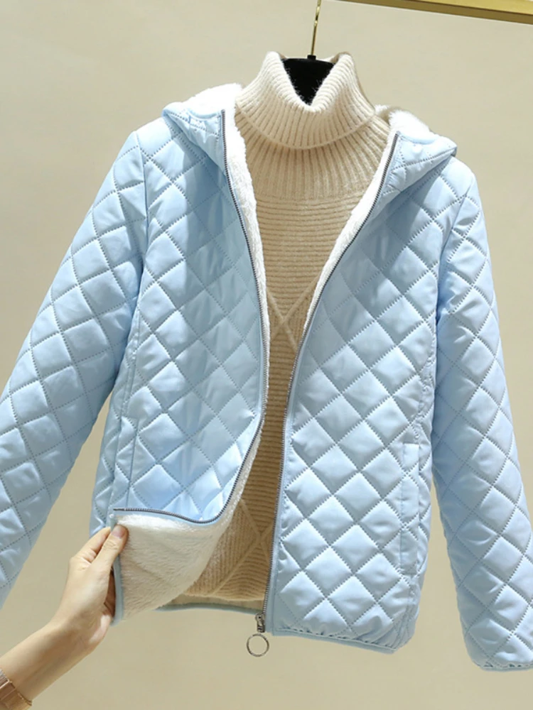 Winter Women's Clothing 2023 Fashion New Metal Zipper Hooded Plaid Cotton Coat Women's Thickened Stand Collar Jacket Coat Thick