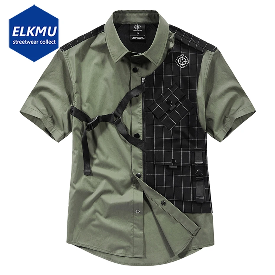 Techwear Shirts Plaid Vest Detachable Oversized Streetwear Hip Hop Shirt Harajuku Short Sleeve Tooling Cargo Button Up Blouse