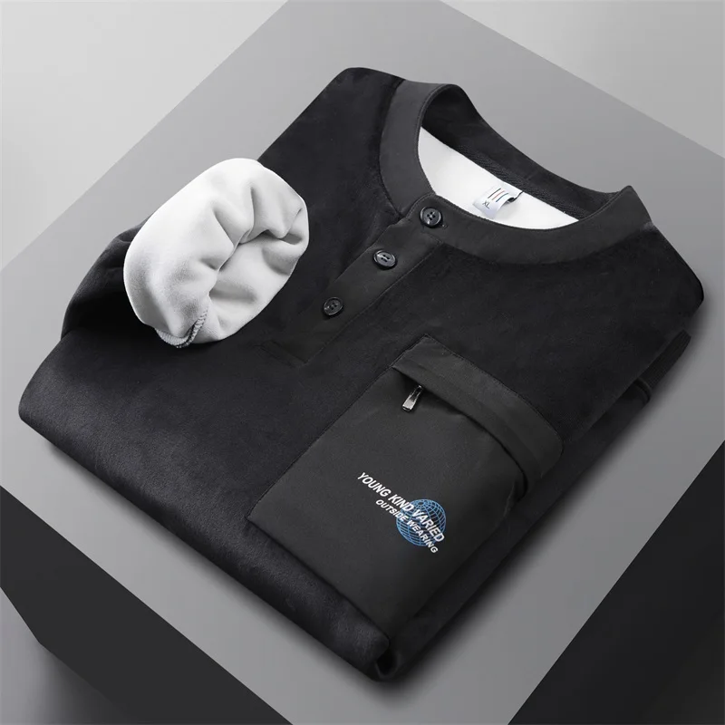 New Winter Thick Warm Fleece Sweatshirts Men Henlry Collar Zip Chest Pockets Casual Thermal Outdoors Pullover Training Top