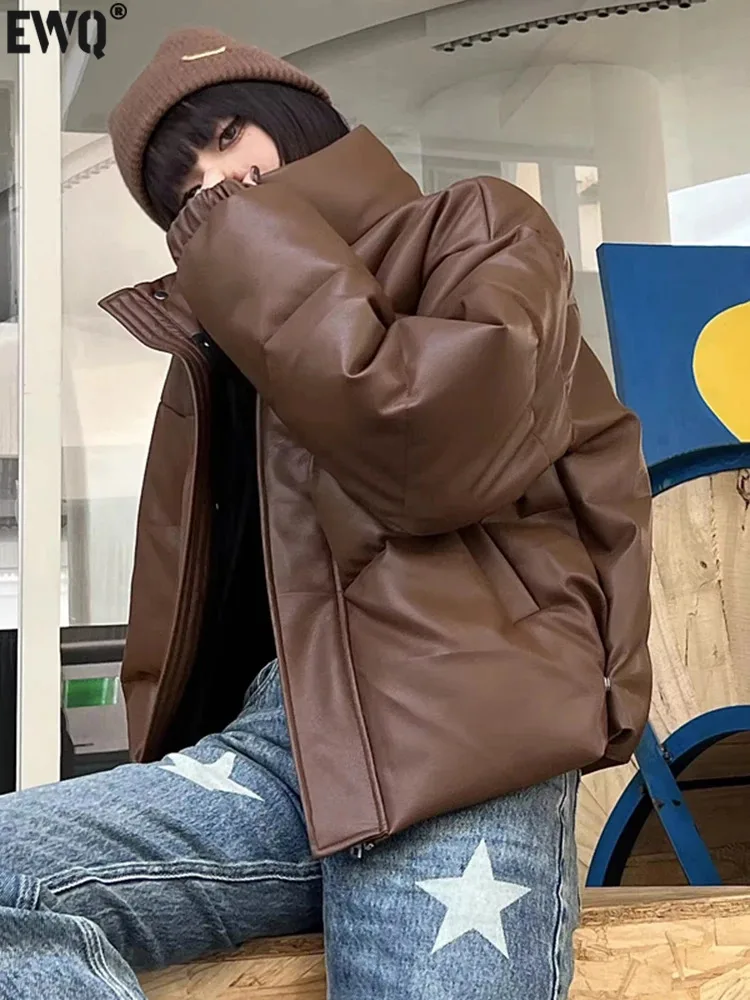 

Женский пуховик с хлопковой подкладкой [EWQ], черный короткий пуховик свободного покроя с подкладкой из искусственной кожи, толстая парка, 16U5970, Осень-зима 2023