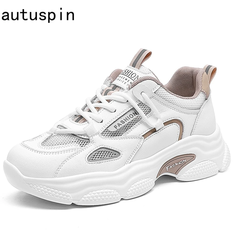 

Autuspin Summer Casual Sports Shoes Woman Fashion Breathable Mesh Splicing Sneakers for Women Outdoor Cow Leather Platform Shoes