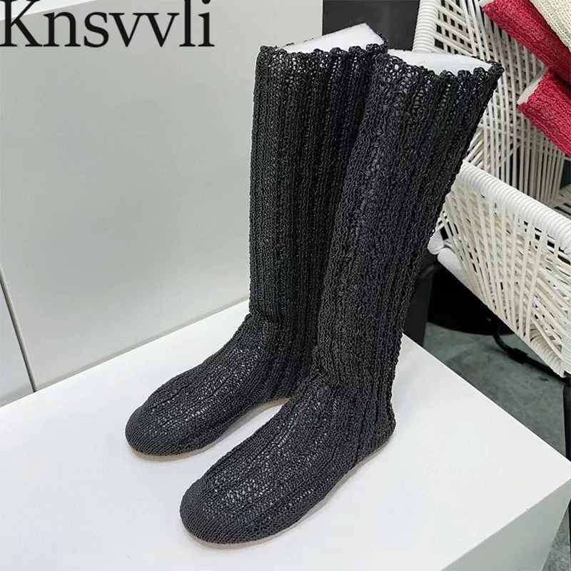 

Summer Sock Knee High Boots Women Round Toe Braided Long Boots Runway Flat Shoes Women Weave Stretch Knitting Boots Woman