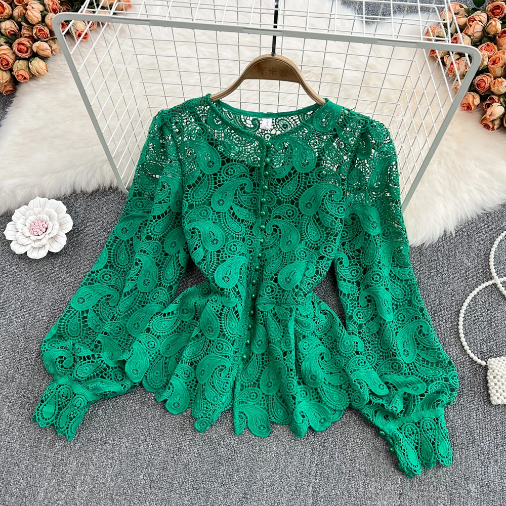 

2022 Spring New Retro Court Style Round Neck Single-breasted Hollow Hook Flower Lotus Leaf Swing Lace Shirt Women's Chic Top