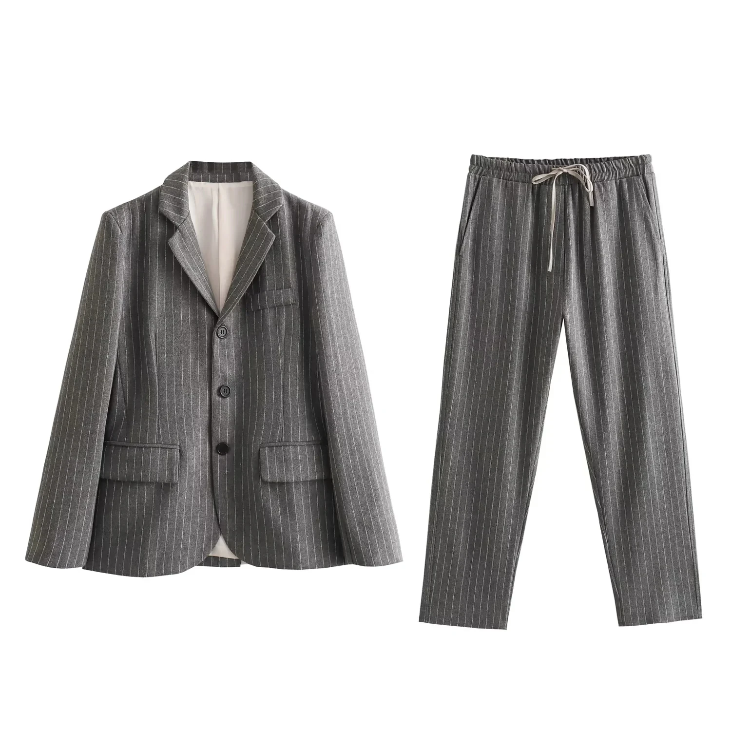 

TRAF Woman Pinstripe Blazer Jacket Lapel Long Sleeves Button Blazer Autumn Fashion Office Lady Commute Blazer+Baggy Pants Set