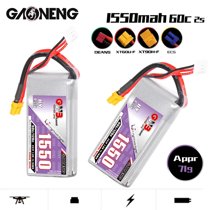 

Gaoneng GNB 2S1P 1550mAh 7,6 V 60C светильник, вес LR Lipo батарея MAX 120C XT30 T разъем для радиоуправляемого автомобиля вертолета FPV гоночных дронов