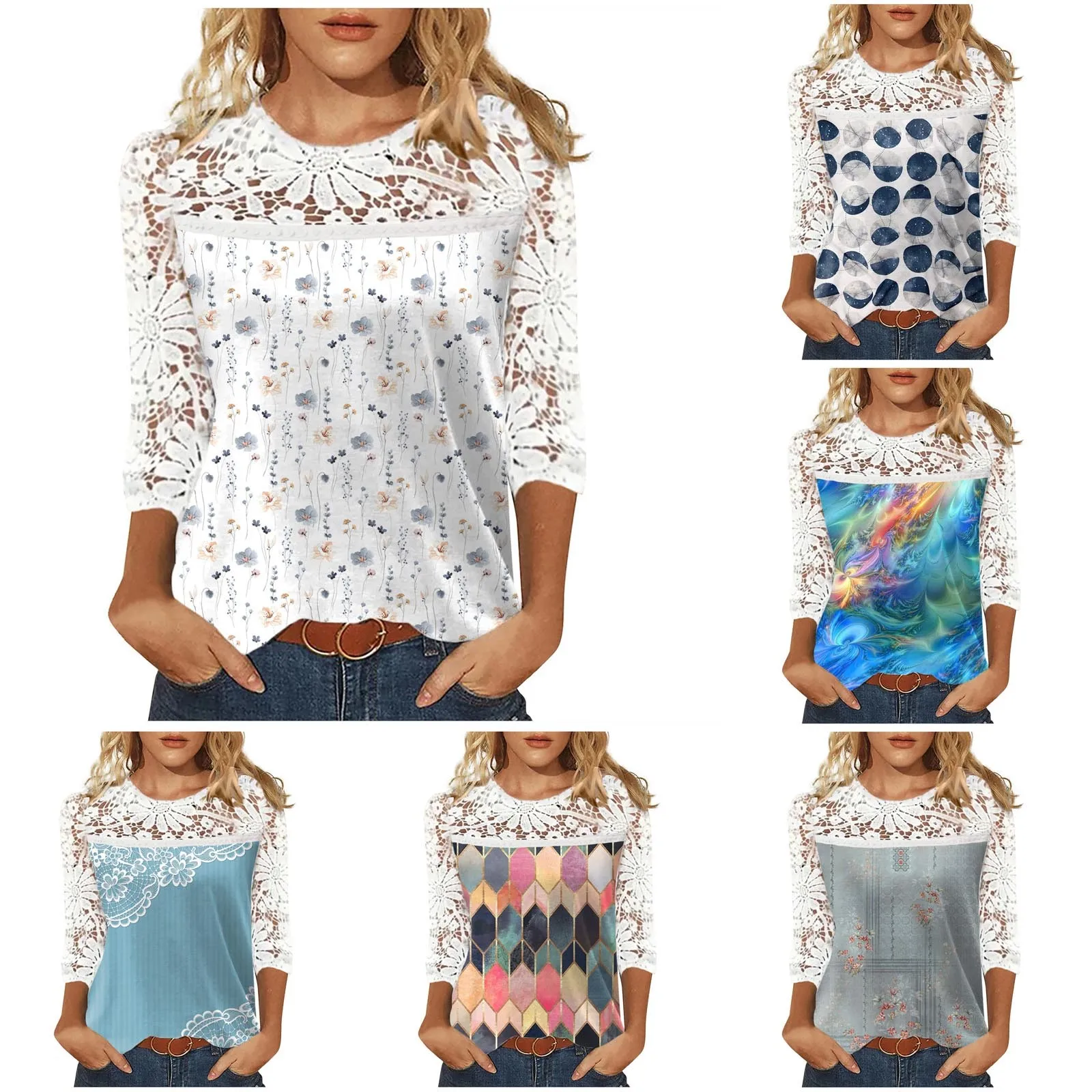 

Women's Casual T-shirt Crewneck Lace Hollowed Out Stitching Seven-point Sleeve Printed Top Summer Outfits For Women 2023