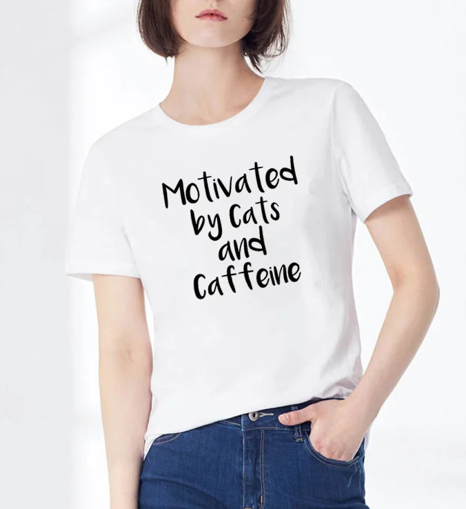 

Motivated By Cats and Caffeine Coffee Tee Shirt Short Sleeve T Shirt Women T Shirts Women Tops