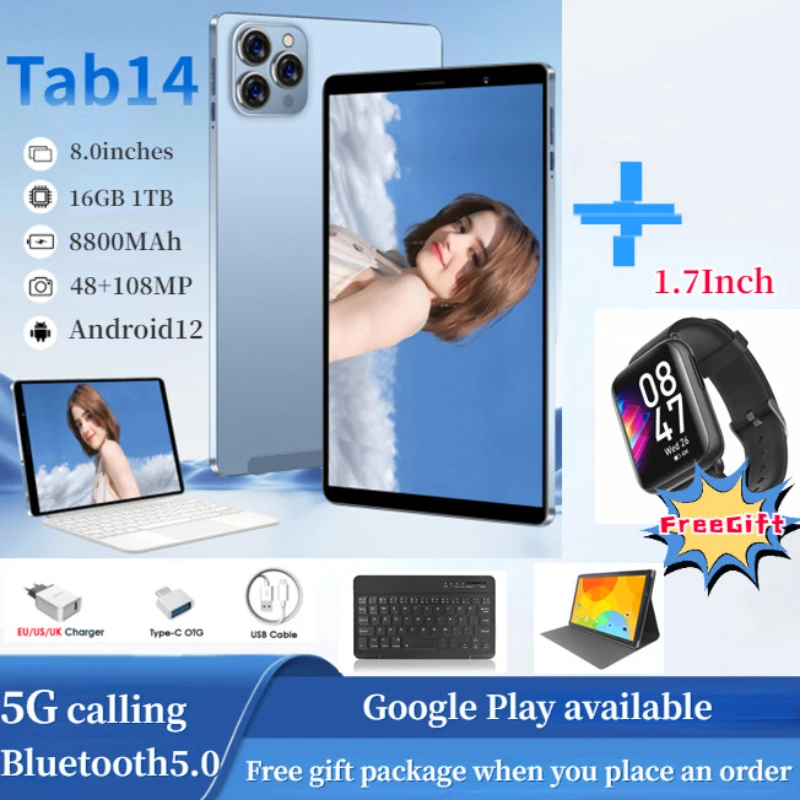 

Original TAB14 Tablet PC 8 Inch16GB+1T 8800Mah108MPwith Wi-Fi Call GPS Google Play Android12 5GTouch Screen Pad Global Languages