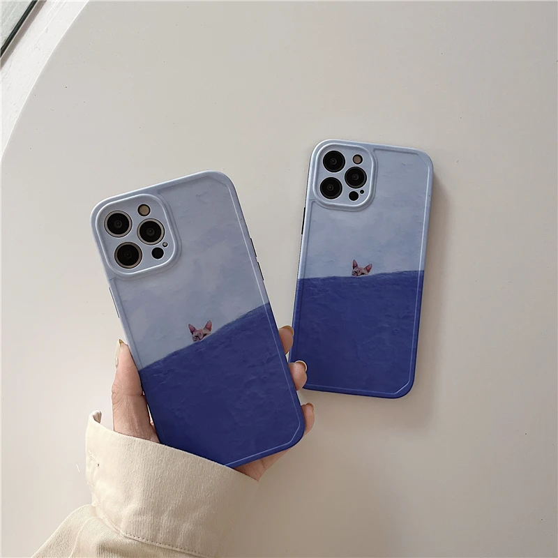 

Cute Cartoon Sea And Cat Fall Proof All Inclusive Protective Case Soft For iPhone 13 12 Pro 11 X XR XS Max Mini 6 7P 8 se Case