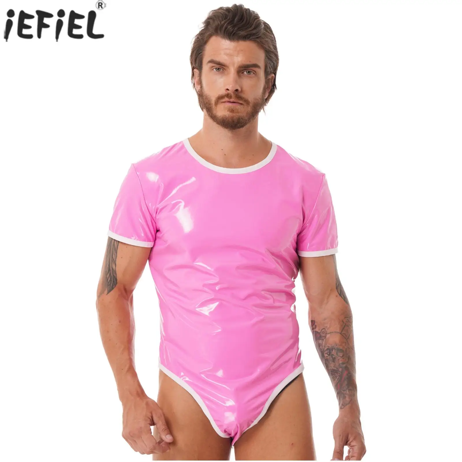 

Боди мужское из лакированной кожи с коротким рукавом и круглым вырезом