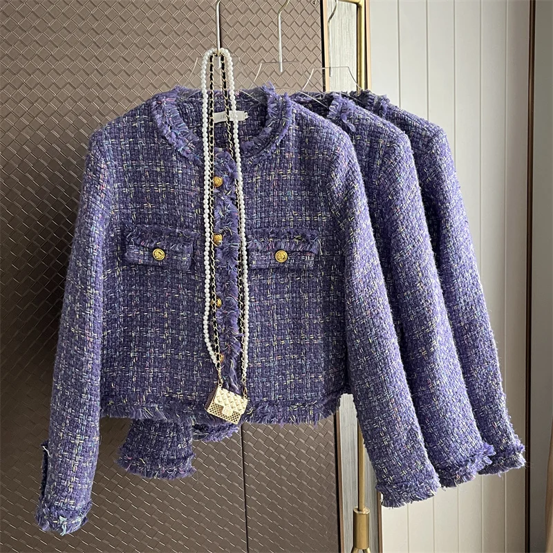 

Luxury New Women High Quality Purple Tweed Jacket Coat Temperament 2023 Winter Single Breasted Thickened Woolen Blazers Q360