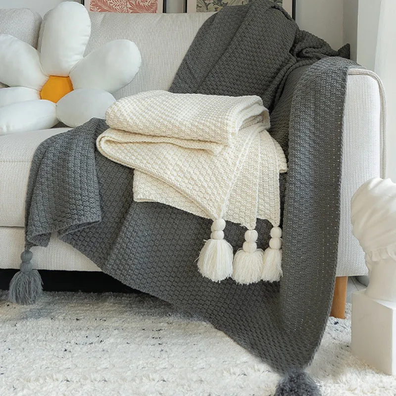 

Warm Knitted Blanket With Tassel Solid Color Sofa Blanket Cover Nordic Decor Throw Blanket For Bed Portable Breathable Shawl