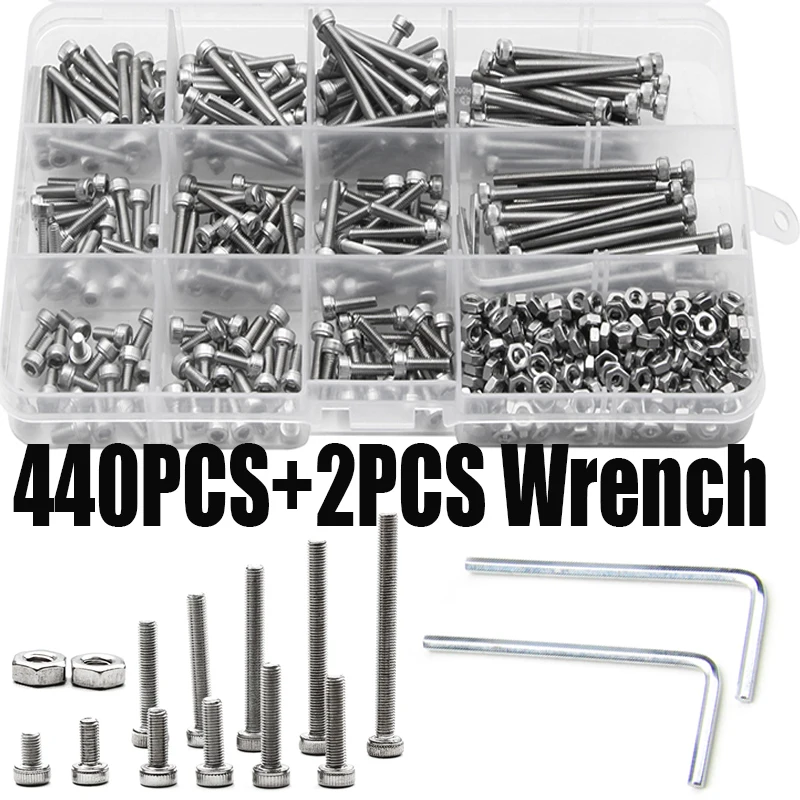 Купи 440PCS Screws 304 Stainless Steel M3 Screws Cylinder Head Hexagon Hex Screw Bolt Kit with Wrench Furniture Fastener Kit за 827 рублей в магазине AliExpress