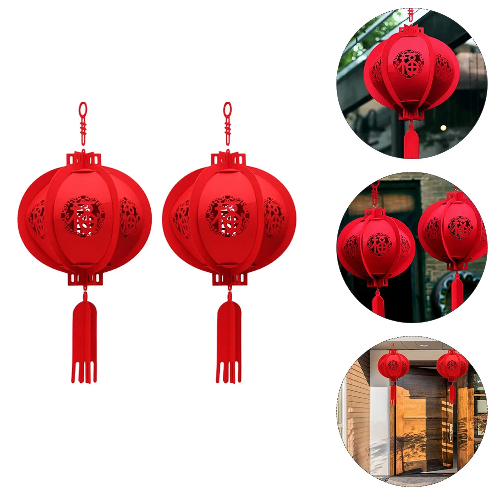 

2 Pcs Chinese New Year Lantern Hanging Lanterns Outdoor Decor Hollow Red Christmas Ornaments