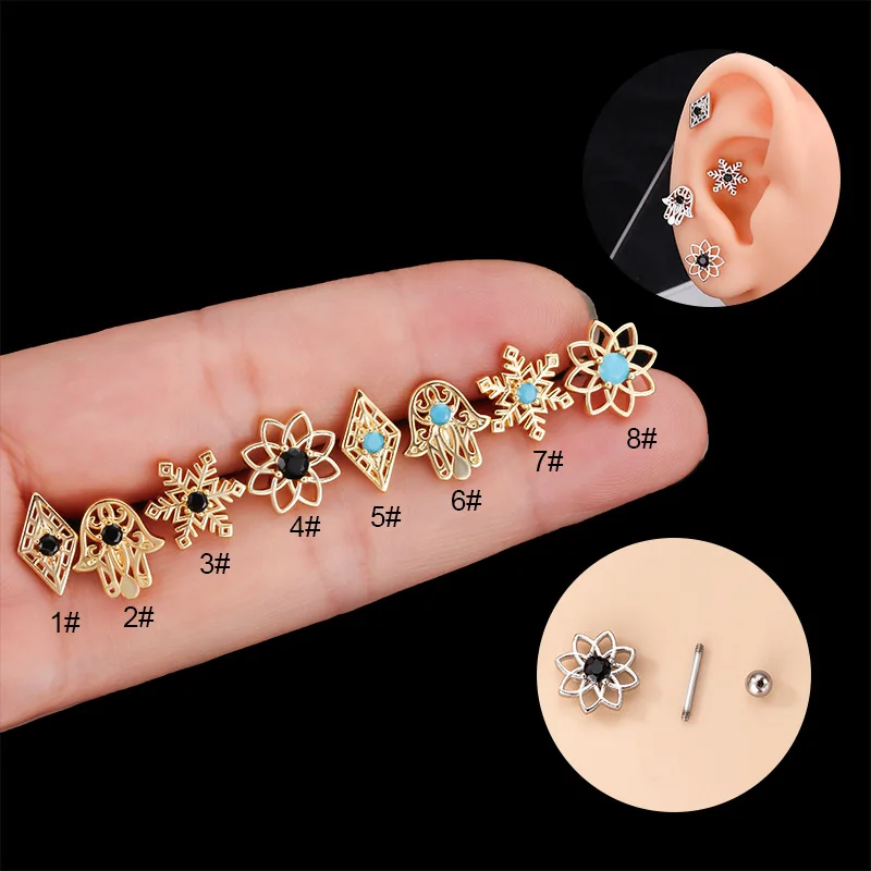 

1PC Retro Hollow Snowflake Flower Hand Cartilage Earrings Stainless Steel Zircon Double Head Screw Stud Earring Piercing Jewelry