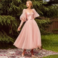 fairy prom dress long sleeves puff sleeves sweetheart neck boho a line skirt and ankle length