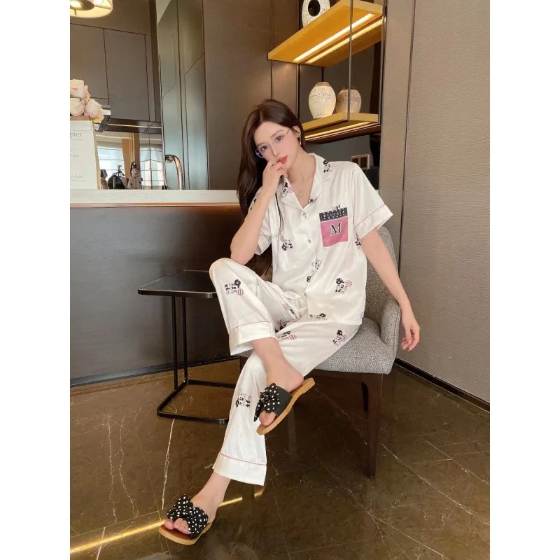2023 Summer New Ice Silk Pajamas Women's Suit Cartoon Rats Short Sleeve Trousers Suit Homewear