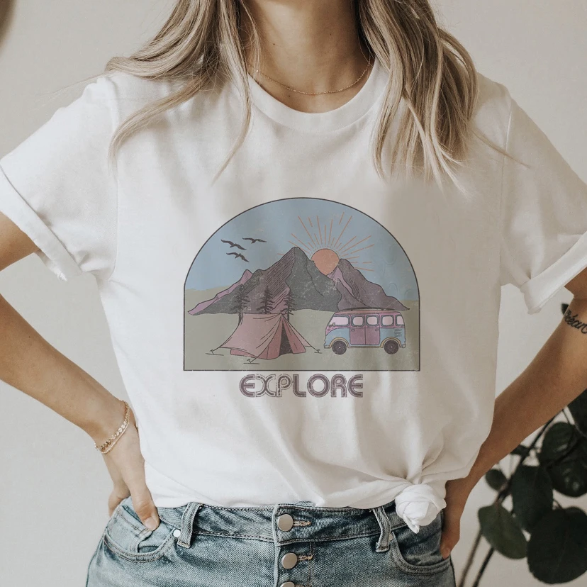 

Женская футболка с коротким рукавом, Повседневная модная футболка с мультяшным принтом для кемпинга, 2022