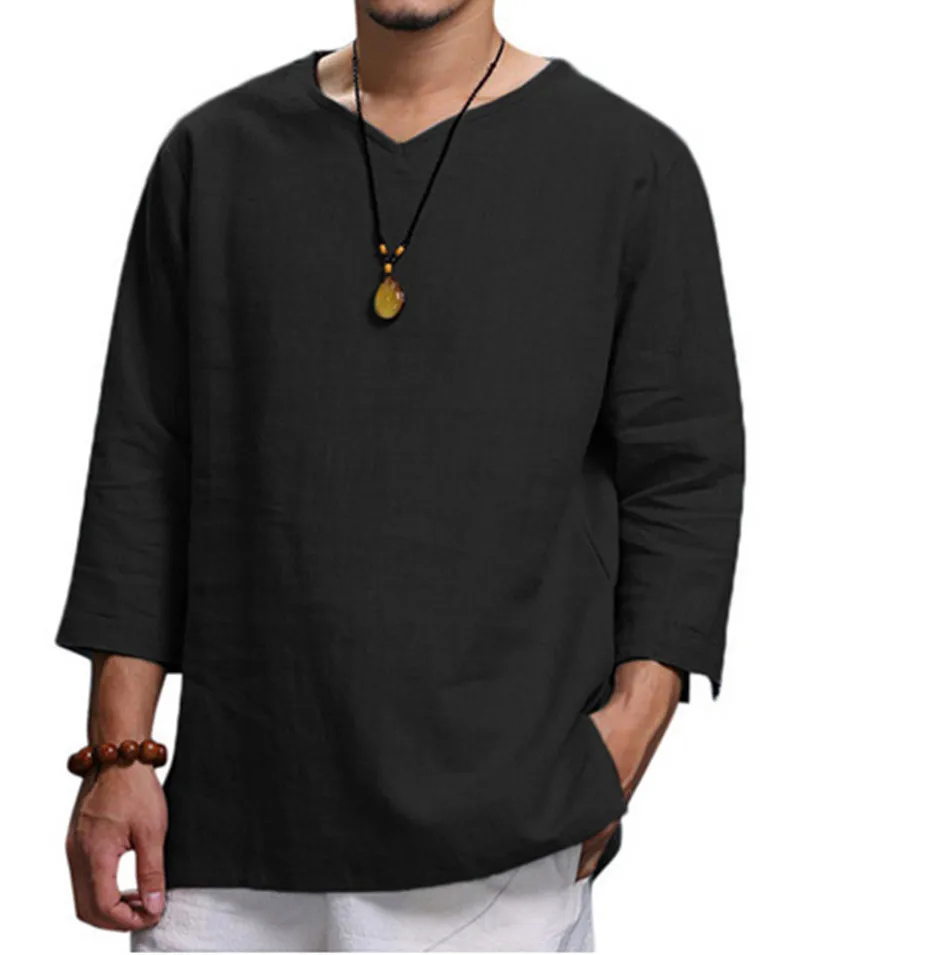 2022 New Men's V Neck Cotton Linen T Shirts Male Breathable Solid Color Long Sleeve Casual Loose Linen T-Shirt Tops M-4XL