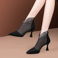 ladies rhinestone mesh shoes summer pointed toe soft leather stiletto high heels elegant hollow ankle boots chelsea ankle boots
