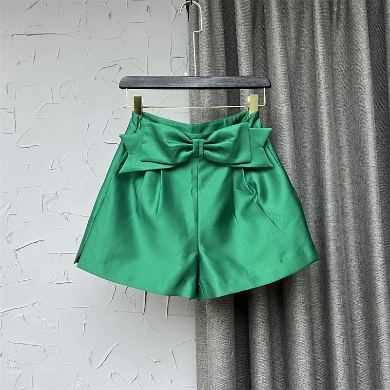 

Green High Waist Bow Suit Shorts Women's Fashion Spring Summer Wear Slim Wide Leg A- Line Shorts Hot Pants Office Lady Shorts