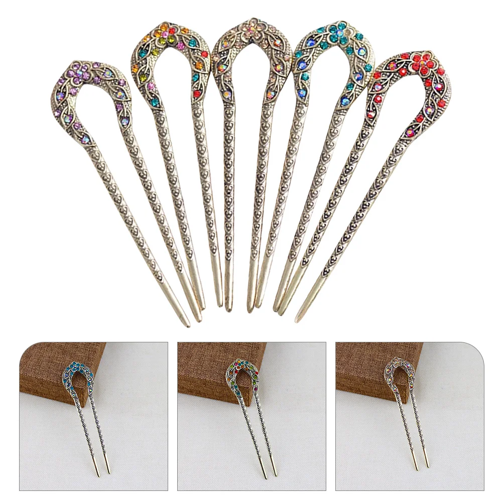 

5 Pcs Vintage Rhinestone Hairpin Sticks Long Bun Holder Crystal Alloy Chinese Fork Miss Accessories