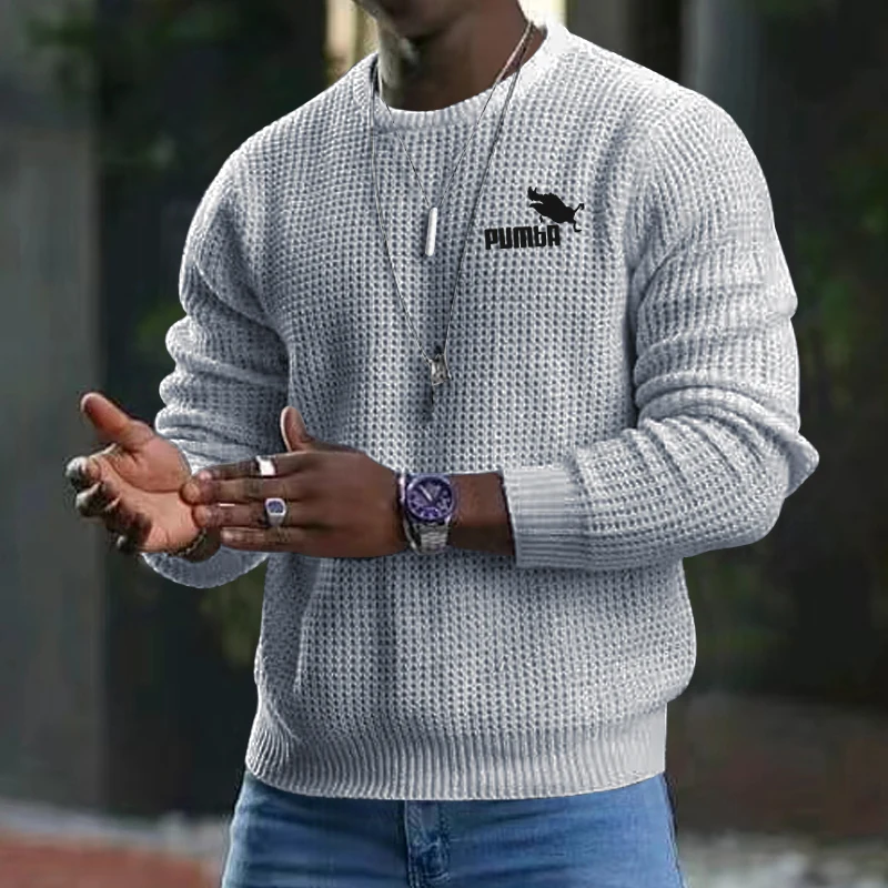 Solid Color Waffle All-match Long-sleeved Casual Sweater Men's spring Autumn Winter Round Neck Bottoming shirt hot sale tops