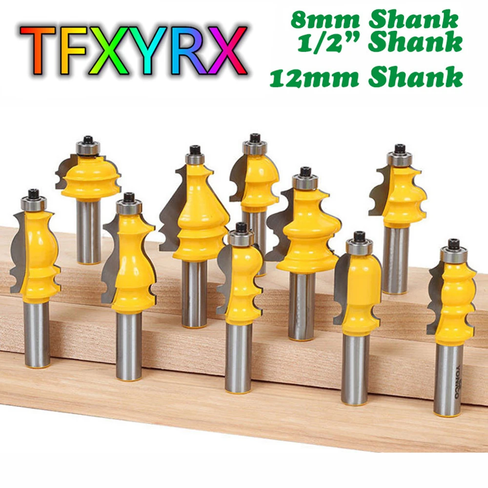 10pcs 8mm 12mm 1/2 Inch Shank Handrail Router Bits Set Line Knife Cabinet Door Engraving Machine Milling Cutters
