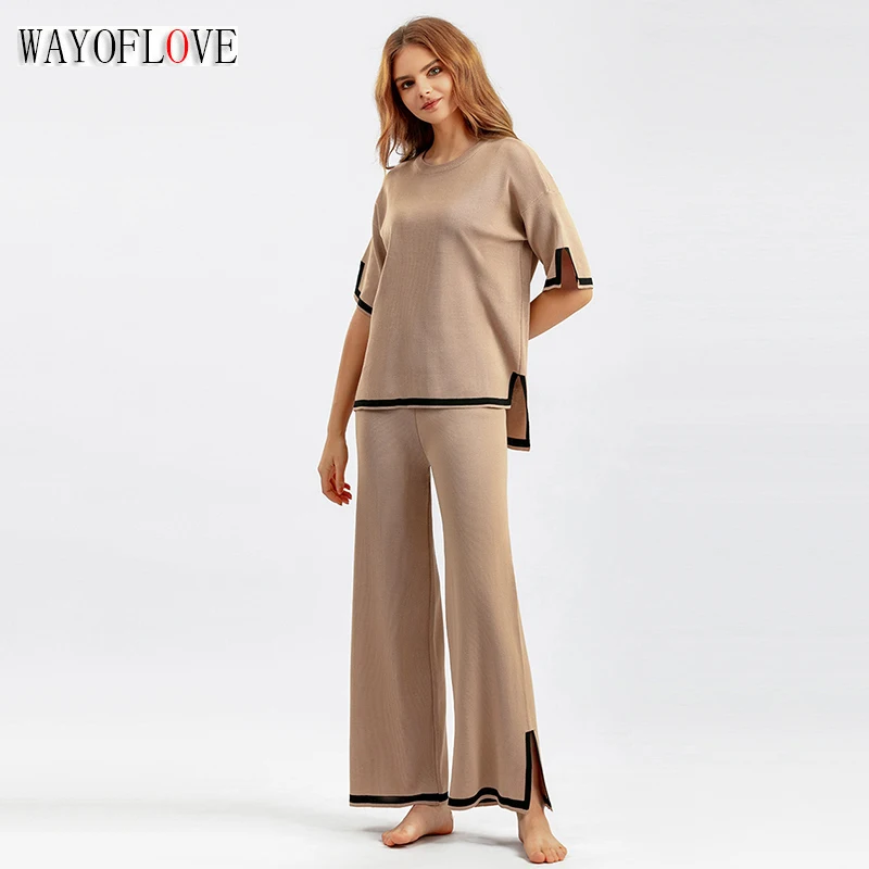 

WAYOFLOVE Spring Autumn Women Knitted Sweater Two Pieces Sets O-Neck Loose Pullovers Sweater Tops & Wide-Leg Pants Knitwear Suit