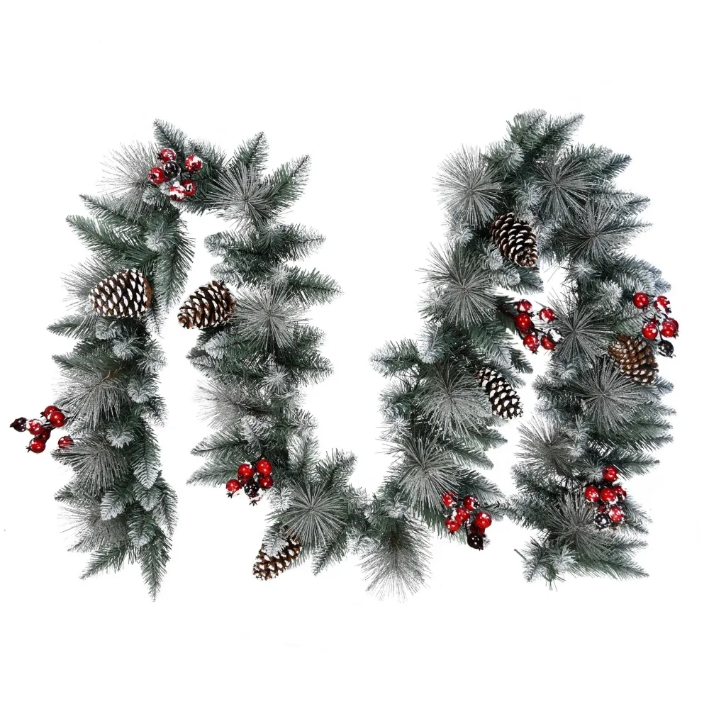 

Garland Pure Pine 9 foot faux garland with pine cones, red berries and silver glitter accents