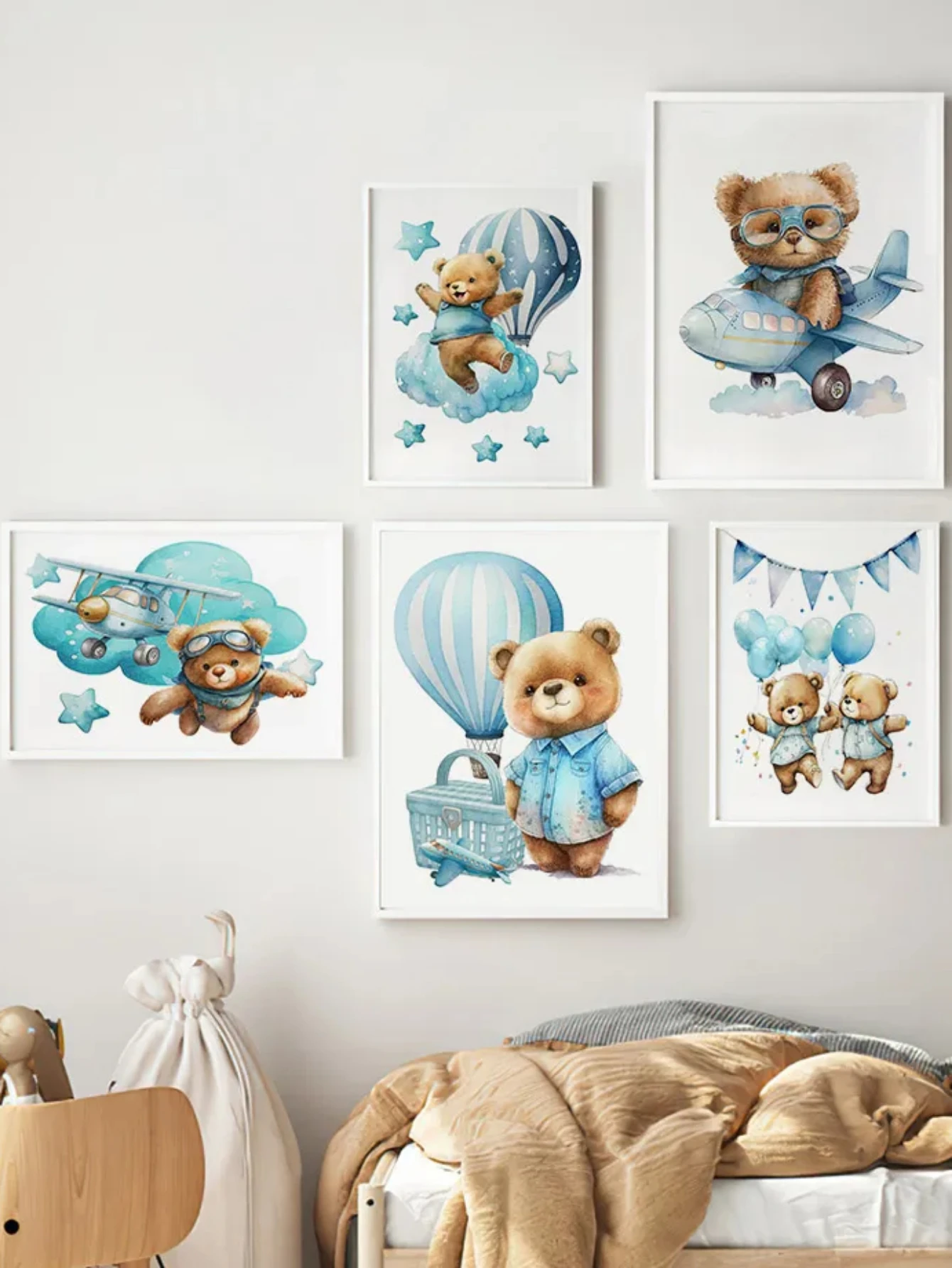 

Cute Bear Airplane Hot Air Balloon Cloud Star Animal Nursery Set Wall Art Prints Canvas PaintingPoster Pictures Kids Room Decor