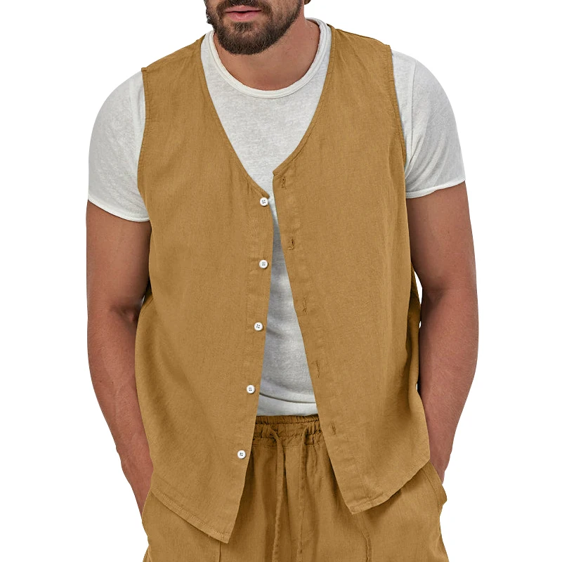 Summer New Men's Casual Coat Vest Multi Button Solid Cotton Linen Versatile Outdoor Fitness Beach Swimming Pool Top for Men