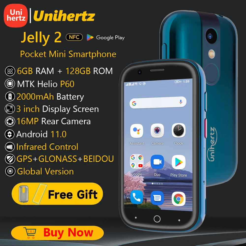 Unihertz Jelly 2 Mini Phone Pocket Android 11 Helio P60 Octa Core 4G LTE Dual-SIM Unlocked Smartphone 6GB+128GB NFC Cellphone