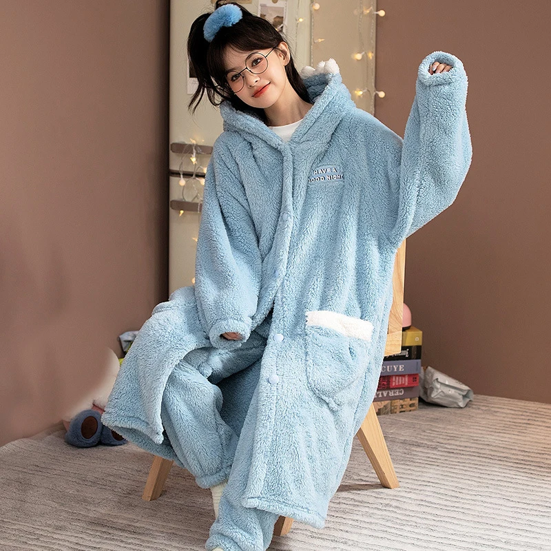Cartoon Cosplay Shark Bathrobe Suit For Women Girls Hooded Pajamas Set Flannel Robe Sets Thick Dressing Gown Winter Nightgowns