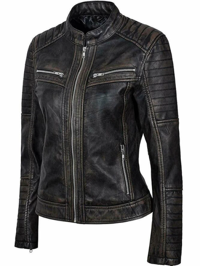 Women Genuine Lambskin Leather Jacket Black Slim Fit Biker Motorcycle Jacket Genuine Leather Coat