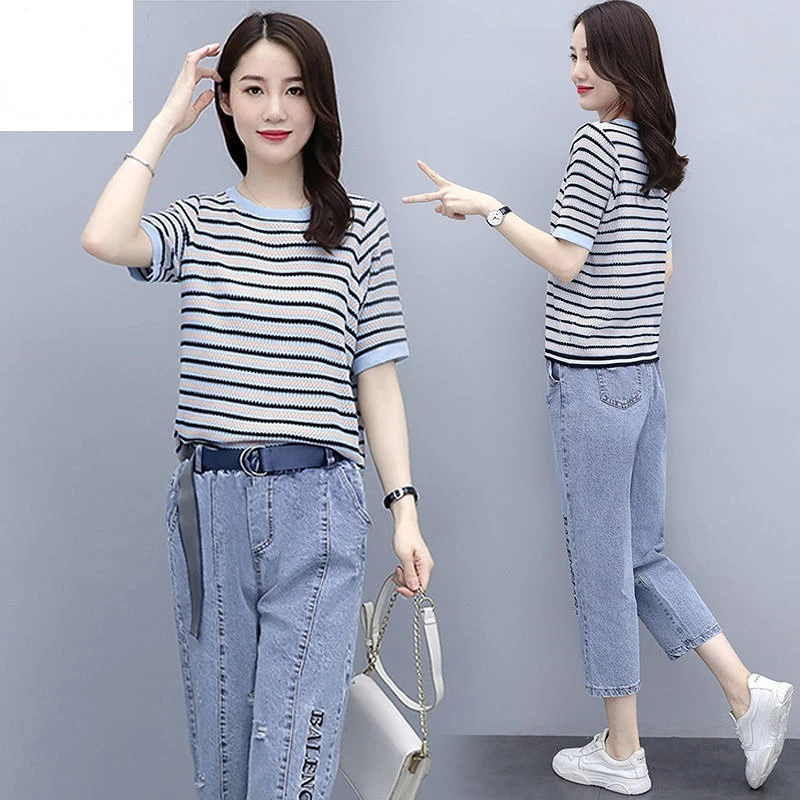 Женский брючный костюм лето 2022 простая футболка в полоску джинсовый из двух