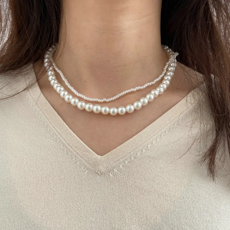 

Fashion Women Lady Personality Double Layer Pearl Necklace Party Retro Clavicle Chain Jewelry