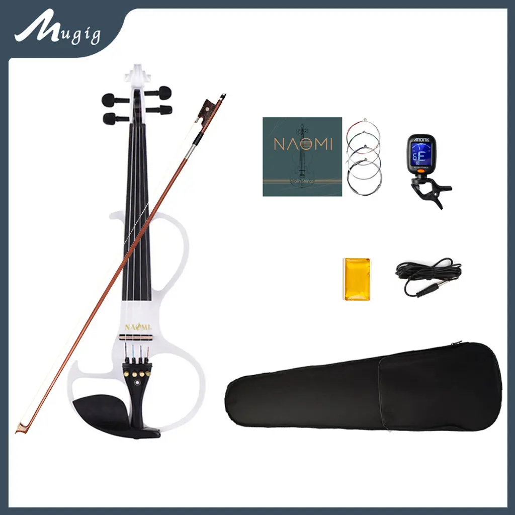 Enlarge Mugig Full Size 4/4 Silent Electric Violin Solid Wood Maple Ebony Fittings with Bow Case Tuner Strings Rosin Audio Cable Strings