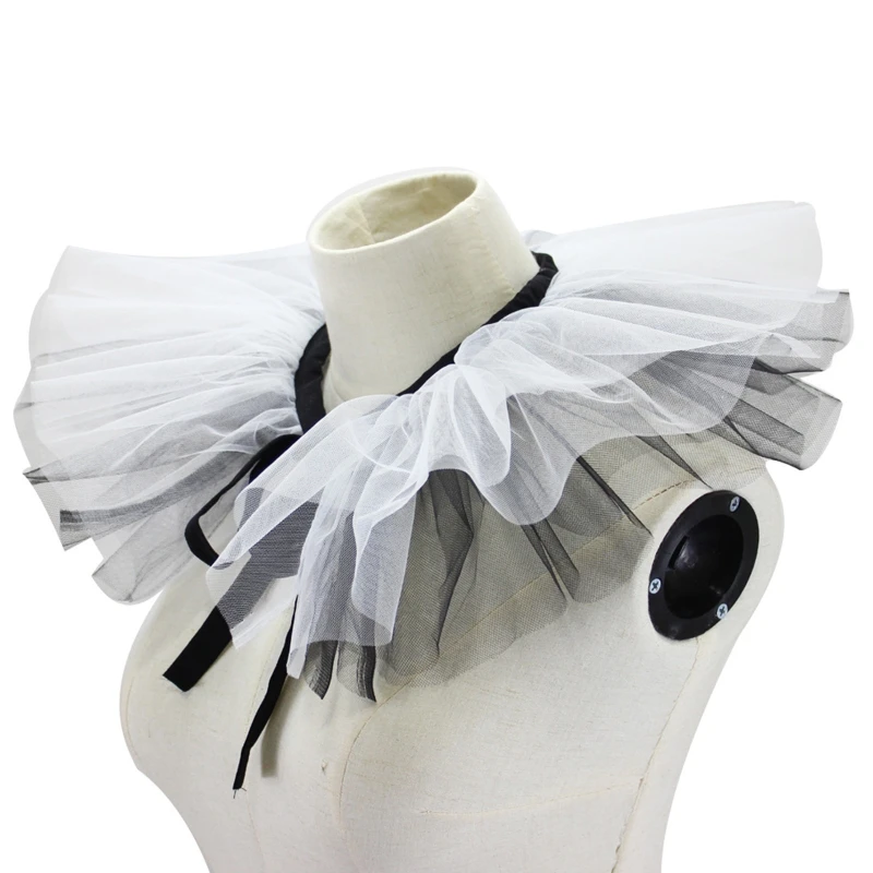 

Renaissance Tulle Ruffled Fake Collar Layered Black White Mesh Clown Choker Ribbon Victorian Neck Ruff Cosplay Shawl