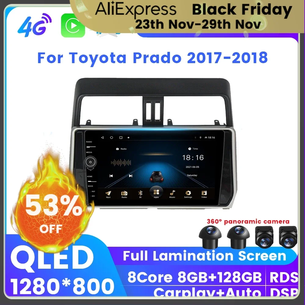 

QLED Android 12 Автомобильный GPS навигатор плеер для Toyota Prado 2017 2018 беспроводной Carplay Авторадио 2Din стерео радио DSP RDS все в одном