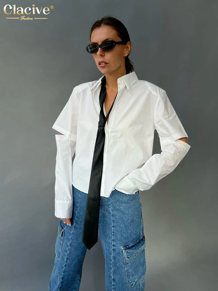 

Clacive Fashion Loose White Women'S Blouse 2023 Elegant Lapel Hole Long Sleeve Shirts Casual Necktie Blusas Tops Female Clothing