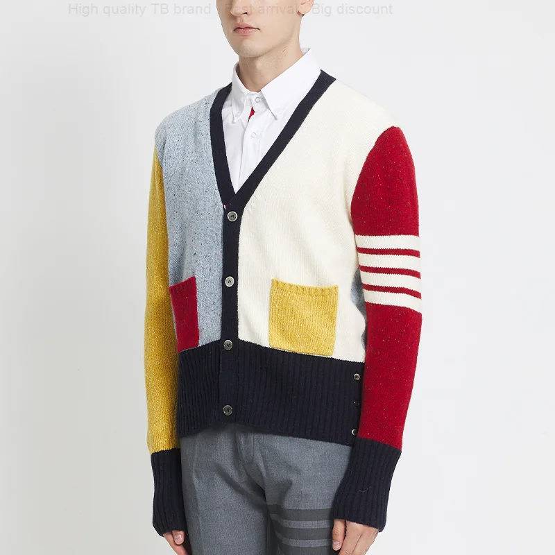 

Мужской трикотажный кардиган THOM, мягкая трикотажная одежда с длинным рукавом и V-образным вырезом, в полоску, 4 полоски, в Корейском стиле, Осень-зима