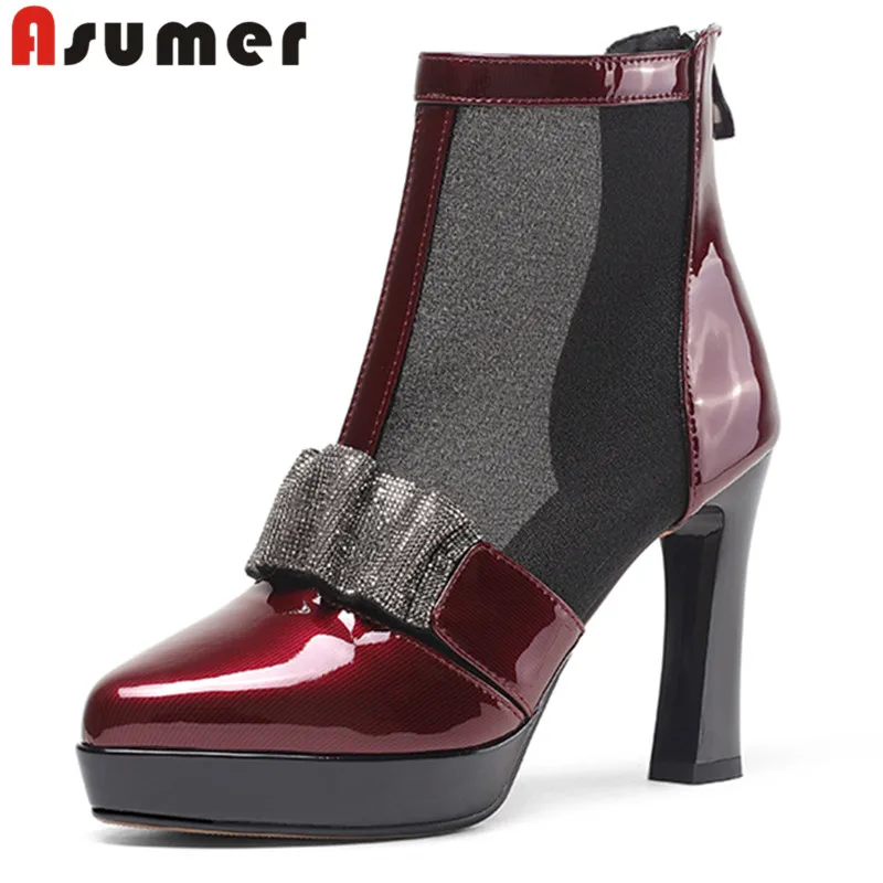 

Женские ботильоны из лакированной кожи ASUMER, ботинки на платформе и толстом высоком каблуке, с острым носком, на молнии, лето 2023