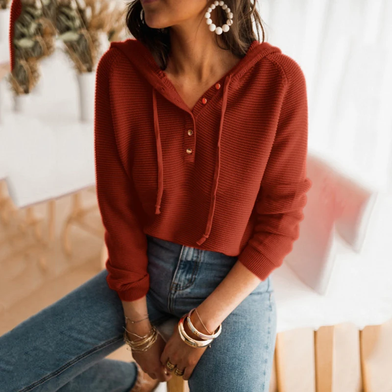 

Женский свитер с капюшоном, осенне-зимний тонкий однотонный Свободный пуловер с длинным рукавом и V-образным вырезом, Элегантные вязаные то...