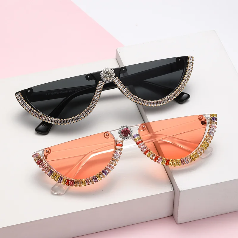 

Polygonal Semi-rimless Sunglasses Women Irregular Handmade Zircon Diamond Colored Sun Glasses Ladies Girls Gafas De Sol UV400