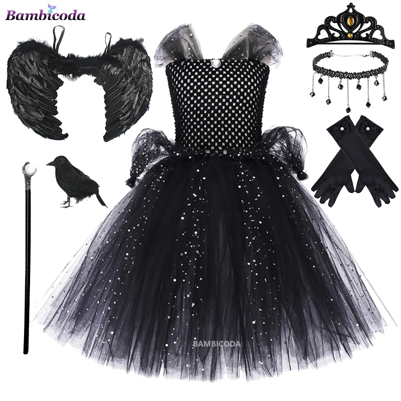 

Женское платье-пачка с черной ведьмой на Хэллоуин, платье с перьями, шаль, викторианский маскарадный костюм для детей, маскарадный костюм темной королевы злодей