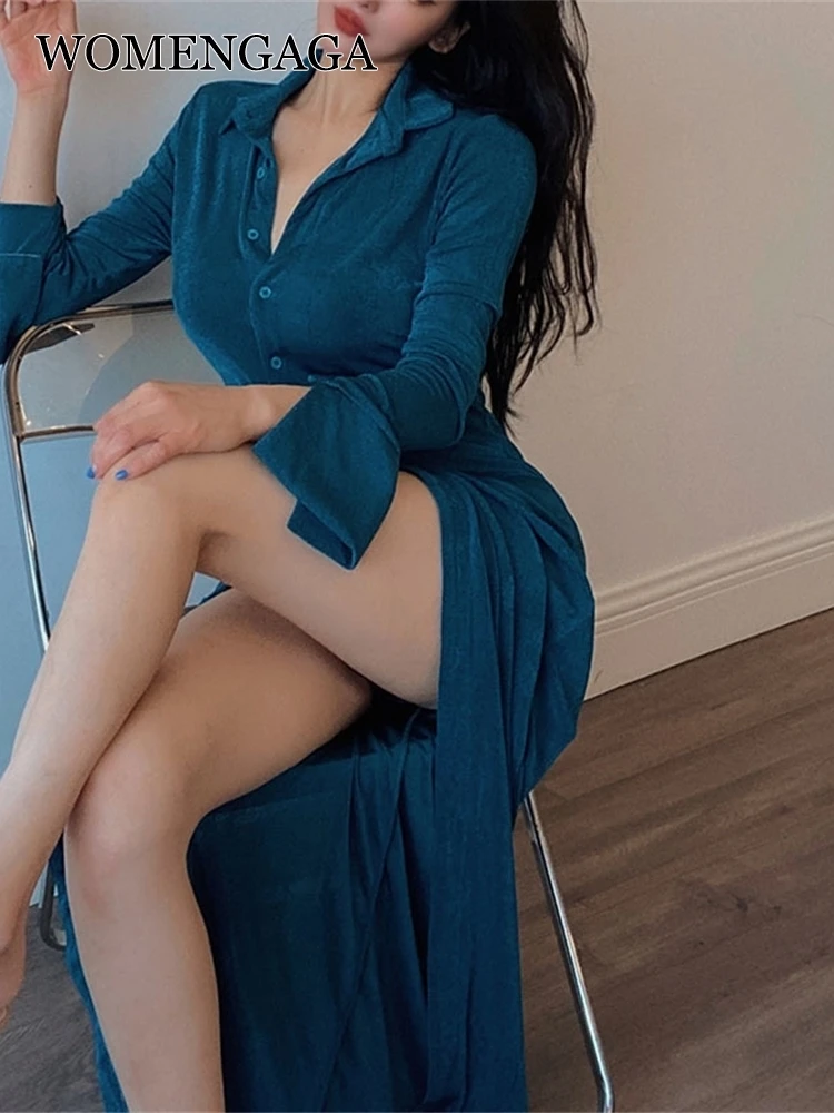

WOMENGAGA 2022 Autumn New Style Single Breasted Split Knitted V Neck Lapel Maxi Long Dress Hot Sexy Korean Robe Elegant Z8RP