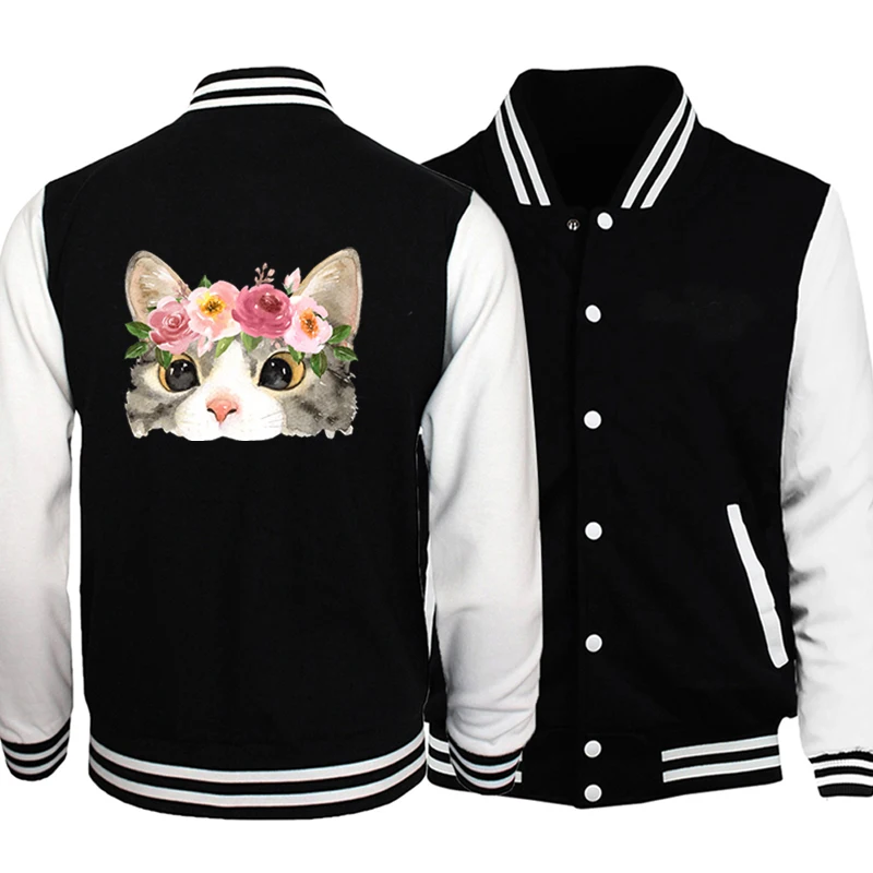 

Куртка бейсбольная облегающая черно-белая, с принтом кота и цветов