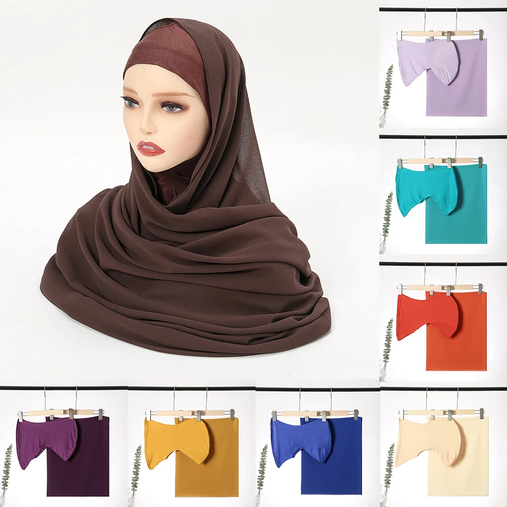 

Шифоновый хиджаб с подходящей нижней частью, женский шарф, шаль, Нижний шарф, трикотажные внутренние шапки, мусульманский хиджаб, комплекты высокого качества